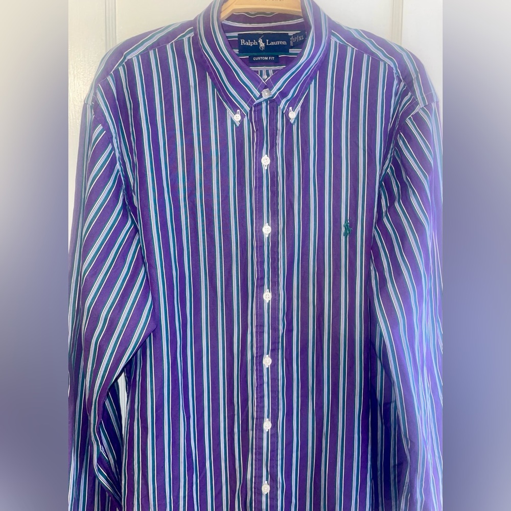 Vintage Ralph Lauren Purple Striped button down Shirt long sleeve Mens XL/Unisex